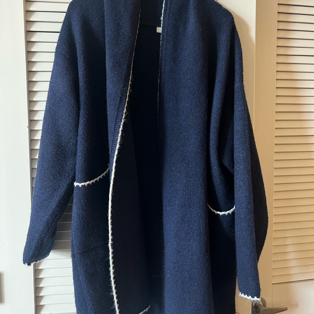 Anthropologie Navy Cape with Contrasting White Edges